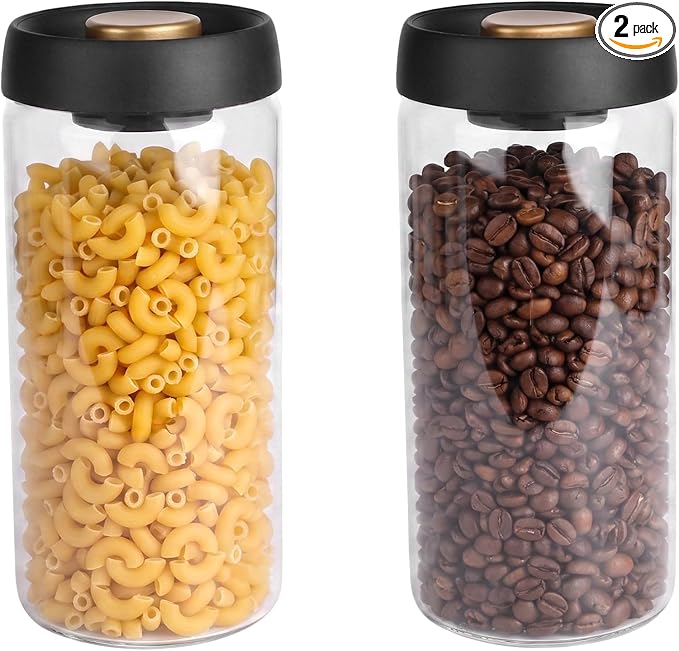 2 Pack Large Glass Jar With Airtight Pump Lid - 60oz Vacuum Glass Food Storage Jars Containers For Rice,Flour,Pasta,Sugar,Coffee,Cookie And More