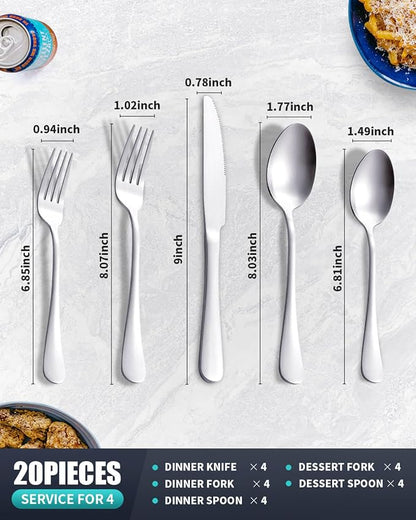 Matte Gold Silverware Set with Steak Knives,Stainless Steel Flatware Set for 6,Modern Cutlery Utensils Set,Spoons and Forks Set for Restaurant,Dishwasher Safe (Silver, 20 Piece Set)