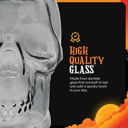 DURA LIVING Set of 2 Skull Mason Jar Glasses with Lids | 42oz Reusable Halloween Drinking Glasses | Unique Skull Décor, Storage, & Canning Jars for Parties & Gifts
