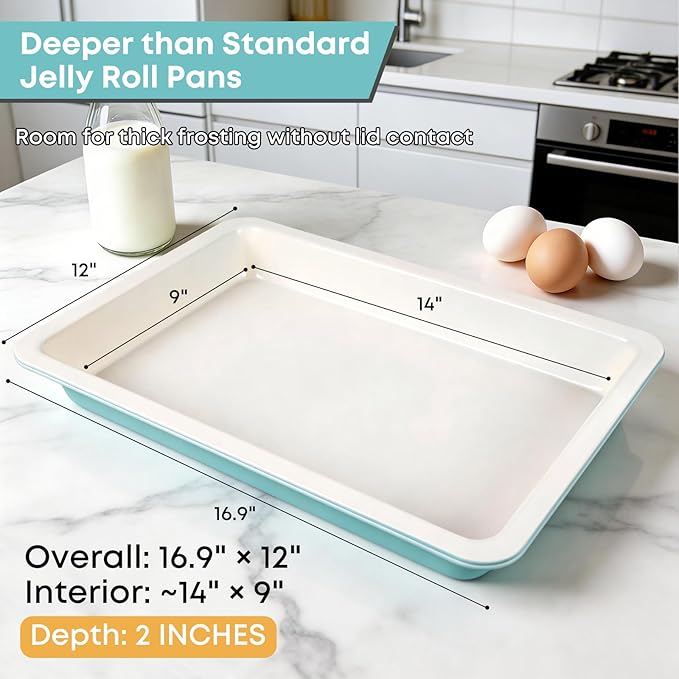 Sheet Cake Pan with Lid Set of 2, 15"×10"×2" Deep Jelly Roll Pan, Non-Stick Ceramic Coating Baking Pan, Oven Safe 450°F, PFOA Free, Teal — Bake, Snap & Carry for Parties & Potlucks