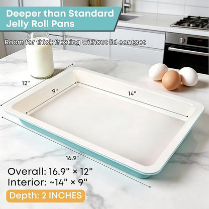Sheet Cake Pan with Lid Set of 2, 15"×10"×2" Deep Jelly Roll Pan, Non-Stick Ceramic Coating Baking Pan, Oven Safe 450°F, PFOA Free, Teal — Bake, Snap & Carry for Parties & Potlucks