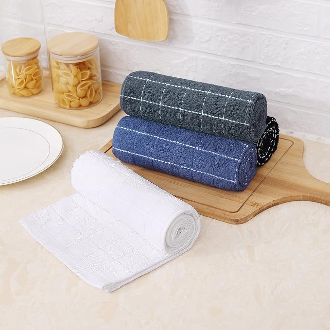 Mordimy 100% Cotton Terry Cloth Kitchen Towels, Super Soft and Absorbent Dish Towels for Drying, Checkered Designed Hand Towels for Kitchen, 16 x 26 Inches, 6 Pack, Navy Blue
