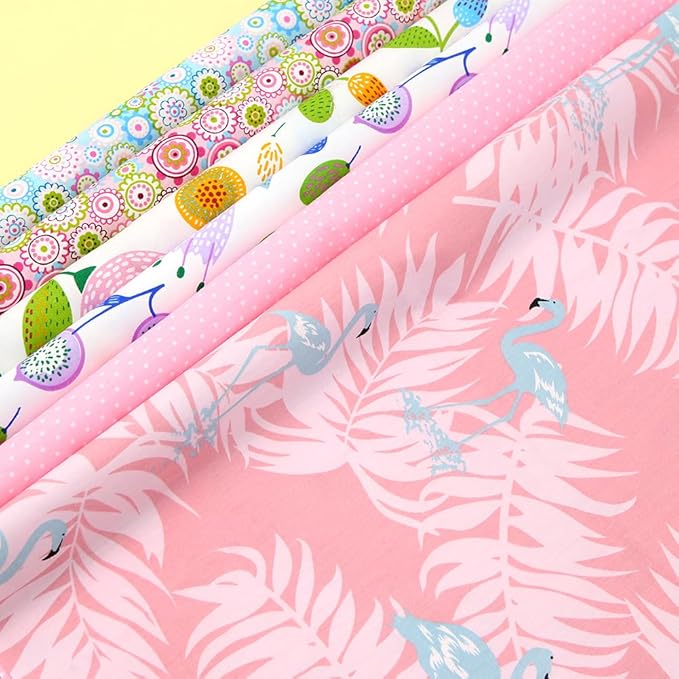 Fat Quarters Fabric Bundles,Pink Flamingo Floral Fabric 6PCS,Tropic Summer Style Cotton Fabric Material Squares 50 x 50 cm/20 x 20 Inch for Sewing Quilting Patchwork DIY Crafting Dressmaking Projects