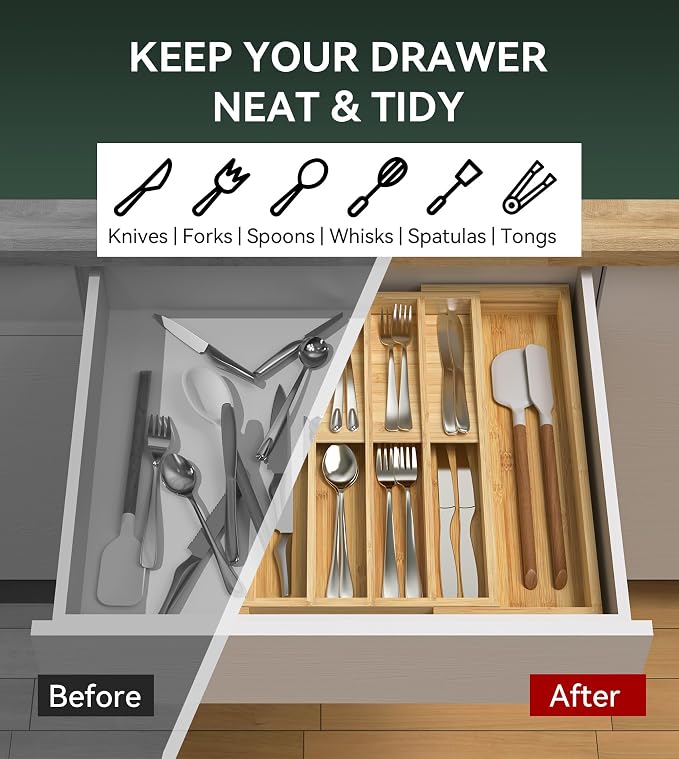 Expandable Silverware Drawer Organizer for Utensil,Bamboo 12 Slot | 13"-20"W x16.7"D x 1.97“H, Vertical Storage,Kitchen Cutlery Tray Dividers for Spoons Forks Knives
