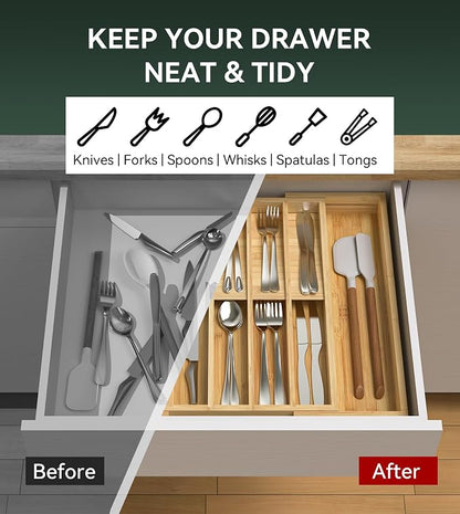 Expandable Silverware Drawer Organizer for Utensil,Bamboo 12 Slot | 13"-20"W x16.7"D x 1.97“H, Vertical Storage,Kitchen Cutlery Tray Dividers for Spoons Forks Knives