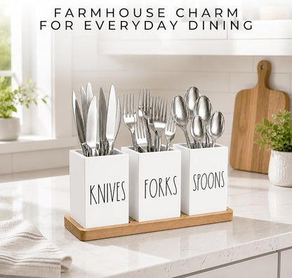 Farmhouse Silverware Holder, Rustic Wood Silverware Caddy with Tray, Spoon Fork Knives Flatware Dispenser, Utensil Countertop Organizer, Plastic Cutlery Holder for Kitchen Party (White)
