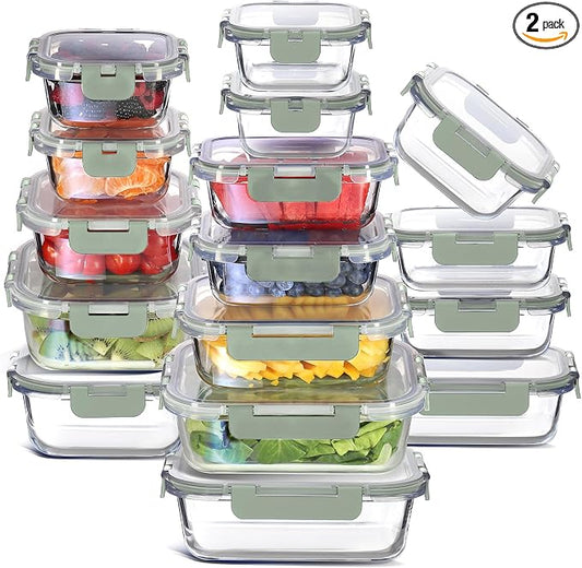 EATEX 32pc Glass Storage Containers with Lids, 16 Glass Food Storage Containers with 16 Airtight Lids for Pantry & Kitchen, Meal Prep Containers for Lunch, Oven Freezer Microwave & Dishwasher Safe