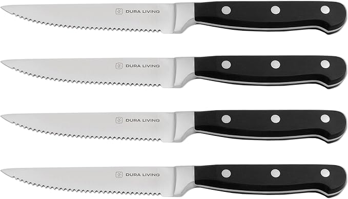 DURA LIVING Premium 4-Piece Steak Knife Set – Sharp Serrated Blades, Forged High Carbon Stainless Steel, Full Tang, Ergonomic Handle, Black – Perfect for Dining