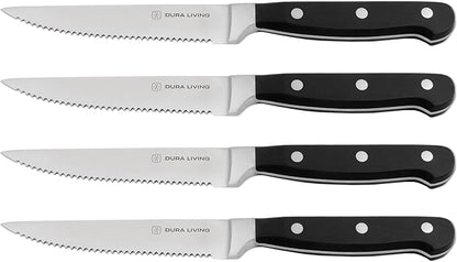 DURA LIVING Premium 4-Piece Steak Knife Set – Sharp Serrated Blades, Forged High Carbon Stainless Steel, Full Tang, Ergonomic Handle, Black – Perfect for Dining