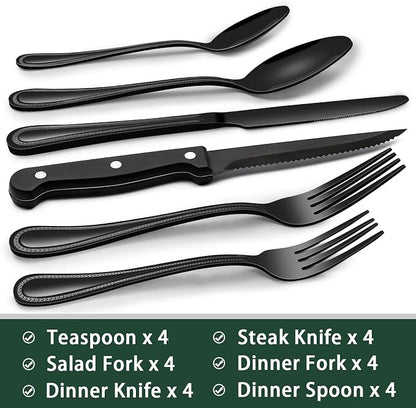 EWFEN 24-Piece Black Silverware Set with Steak Knives, Black Flatware Set for 4, Food-Grade Stainless Steel Tableware Cutlery Set, Mirror Finished Utensil Sets for Home Restaurant, Pearled Edge