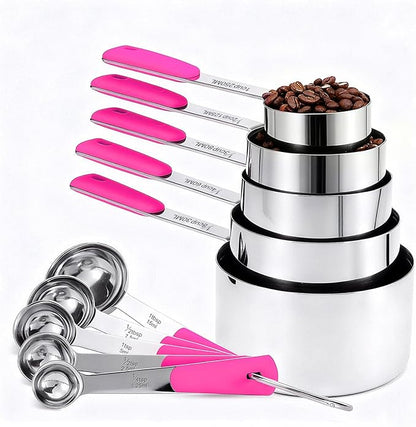 Bopei Measuring Cups and Spoons Set Stainless Steel 10 Piece for Cooking and Baking (5 Cups + 5 Spoons, Pink Handle)