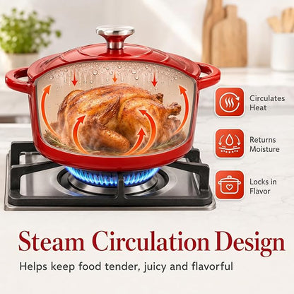 Hisencn Enameled Cast Iron Cookware Set - 7 Piece Dutch Ovens Set, Sauce Pan, Skillet, 3 Lids, Pots and Pans Set, Ceramic Coated Cast Iron, Heavy Duty, Gas/Induction Compatible, PFA Free, Rouge Red
