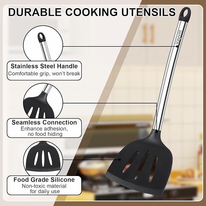 Silicone Cooking Utensils Set, Vayvnt 8 PCS Kitchen Utensils Set with Stainless Steel Handle, Heat Resistant Kitchen Tools for Nonstick Cookware, Large Spatula Spoons Turner, Dishwasher Safe, Black