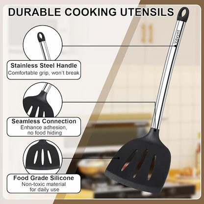 Silicone Cooking Utensils Set, Vayvnt 8 PCS Kitchen Utensils Set with Stainless Steel Handle, Heat Resistant Kitchen Tools for Nonstick Cookware, Large Spatula Spoons Turner, Dishwasher Safe, Black