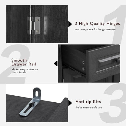 VilroCaz Wooden 71" H Kitchen Pantry with 3 Pull Out Cabinet Organizers, Freestanding Cupboard Storage Cabinet with 4 Doors and 2 Drawers, Farmhouse Embossed Texture Design (Black-5.K)