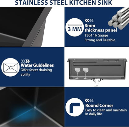 Lordear 33 Inch Black Drop In Kitchen Sink Waterfall T304 16 Gauge Stainless Steel Single Bowl Workstation Ledged Functional Large Kitchen Sinks 33x22x10 Inch