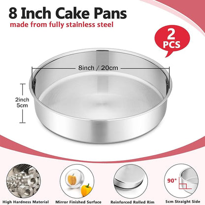 P&P CHEF 8 Inch Cake Pan Set of 2, Stainless Steel Round Baking Layer Cake Pans, Non Toxic & Healthy, Leak-proof & Easy Clean, Mirror Finish & Easy Releasing, Oven & Dishwasher Safe