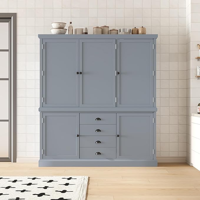 VilroCaz Freestanding Large Kitchen Pantry, Wooden Kitchen Organizers and Storage Cabinet with 4 Drawers, Cupboard, 5 Doors, Adjustable Shelves for Dining Room (Gray-3.15)