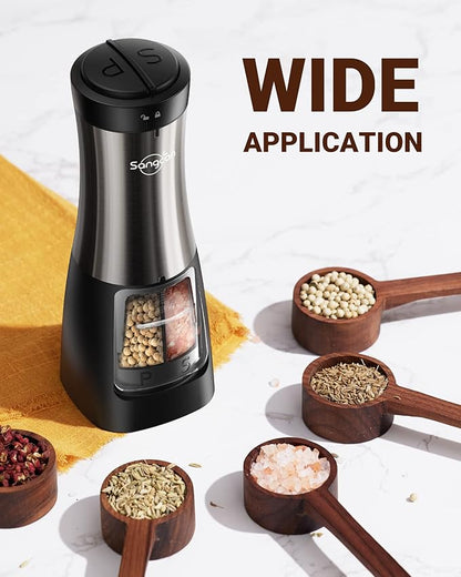 Sangcon 2-in-1 Electric Salt and Pepper Grinder, One Grinder for Two Seasonings, Automatic One-Handed Operation with Light, Adjustable Ceramic Mill, Refillable & Battery Powered