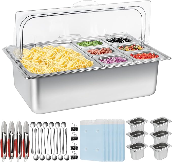 Pizza Topping Station 13 Pans Stainless Steel Spice Organizer Salad Bar Buffet Station with Spoons Ice Boxes Buffet Containers Set for Sauce Jam Ingredient Kitchen Restaurant Pantry
