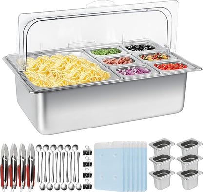 Pizza Topping Station 13 Pans Stainless Steel Spice Organizer Salad Bar Buffet Station with Spoons Ice Boxes Buffet Containers Set for Sauce Jam Ingredient Kitchen Restaurant Pantry