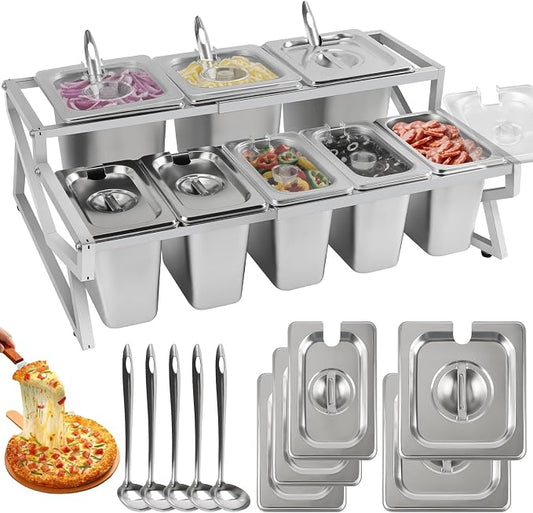 Pizza Topping Station 8 Pans Pizza Storage Container Topping containers with Lids Spoon Condiment Organizers Buffet Containers Set for Restaurant Pizza Sauce Jam Fruit Ingredient
