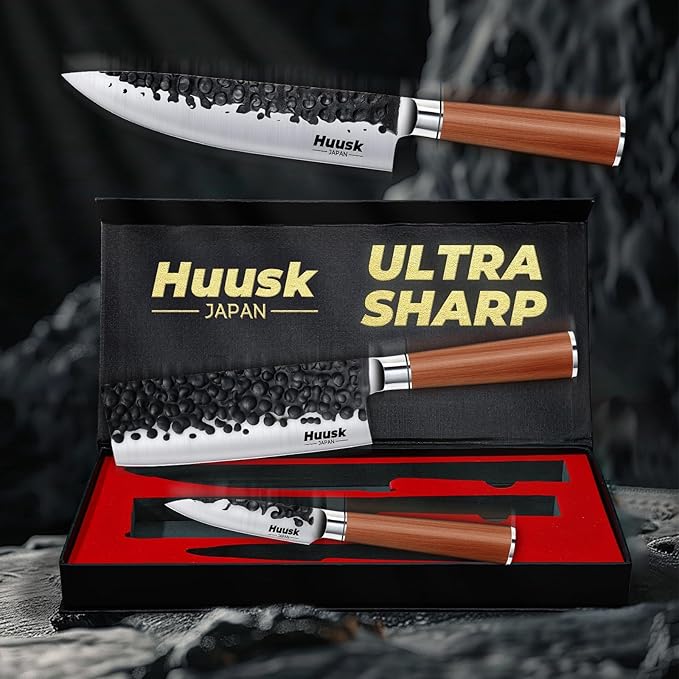 Huusk Japanese Kitchen Knife Set of 3, Professional Chef Knives Set for Kitchen, Sharp Cooking Knife Sets with Nakiri, Gyuto & Paring Knives, High Carbon Steel Sharp Cutting Knifes, Men Women Gifts