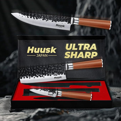 Huusk Japanese Kitchen Knife Set of 3, Professional Chef Knives Set for Kitchen, Sharp Cooking Knife Sets with Nakiri, Gyuto & Paring Knives, High Carbon Steel Sharp Cutting Knifes, Men Women Gifts