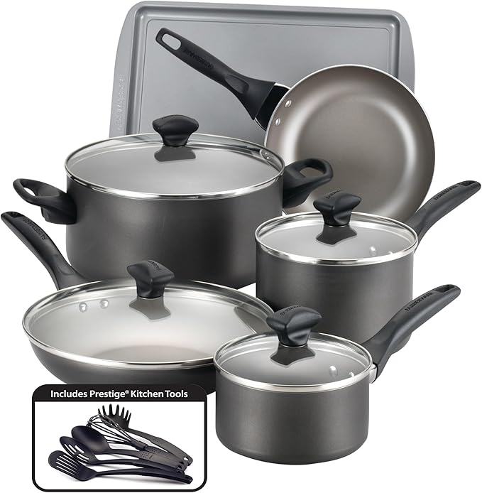 Farberware Dishwasher Safe Aluminum Nonstick Cookware Pots and Pans Set, 15-Piece, Pewter