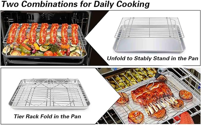 TeamFar Baking Sheet with Rack Set(1 Pan & 1 Tier Rack), Cookie Sheet Baking Pan & Cooling Baking Roasting Stackable Rack Stainless Steel for Cookie Bacon Meat, Oven & Dishwasher Safe, Healthy
