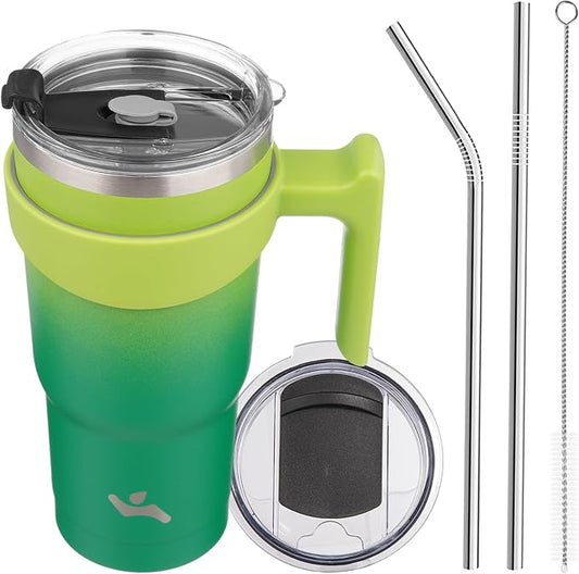 Konokyo 20 oz Tumbler with Handle and 2 Straw 2 Lid, Insulated Water Bottle Stainless Steel Vacuum Cup Reusable Travel Mug,Matcha Green