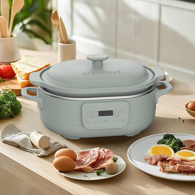 4 Quart Claypot Slow Cooker, 8-in-1 Multi Cooker with Flexible Programming, Removable Crock, Nonstick, Oven Safe Pot to 450°F, Olive