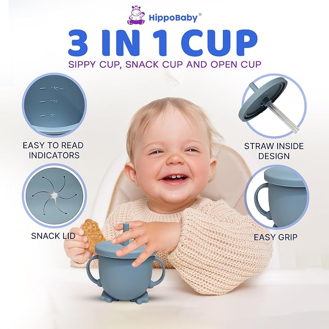 HippoBaby Baby Led Weaning Supplies | 10 Piece Silicone Baby Feeding Set | Baby Toddler Bib Cup Divided Plate and Bowl Self Feeding Spoons Dish Set | Baby Utensils | Toddler Feeding Supplies (Sky)