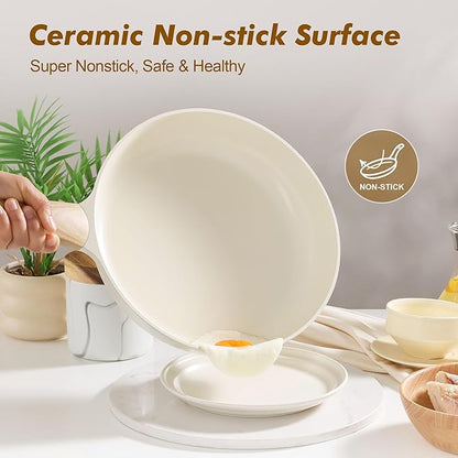 SENSARTE Ceramic Nonstick Frying Pan Skillet with Lid, 9.5inch Non Stick Pan Omelet Pans, Non-toxic Kitchen Cooking Chef's Pan, Free of Intentionally Added PFAS/PTFE/PFOA, Induction Compatible, White
