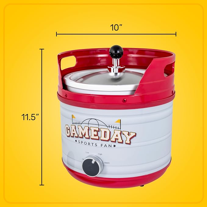 Nostalgia Game Day 4-Quart Kickin' Keg Slow Cooker with Lid and Ladle, Long-Lasting Ceramic Material and Keg-Like Appearance, Cooks Chicken Wings, Meatballs, Chilli, Cheese, Soup, Stews, and More