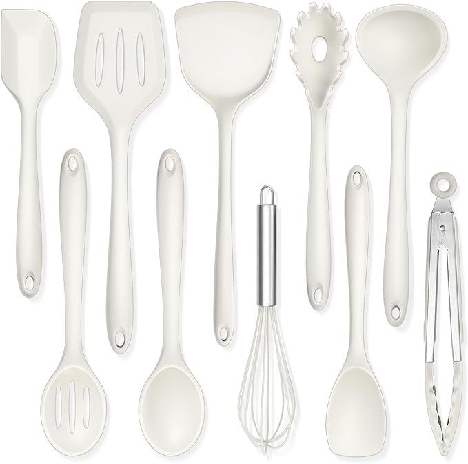 TeamFar Kitchen Cooking Utensils, 10 pcs Silicone Cooking Utensils Set, 446°F Heat Resistant Kitchen Gadgets Tools Set w/Spatula, Turners, Spoons, Soup Ladle, Pasta Server for Nonstick Cookware, White