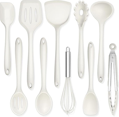 TeamFar Kitchen Cooking Utensils, 10 pcs Silicone Cooking Utensils Set, 446°F Heat Resistant Kitchen Gadgets Tools Set w/Spatula, Turners, Spoons, Soup Ladle, Pasta Server for Nonstick Cookware, White
