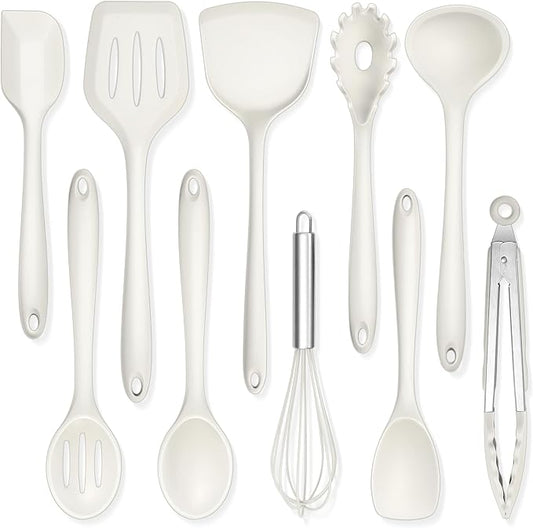 TeamFar Kitchen Cooking Utensils, 10 pcs Silicone Cooking Utensils Set, 446°F Heat Resistant Kitchen Gadgets Tools Set w/Spatula, Turners, Spoons, Soup Ladle, Pasta Server for Nonstick Cookware, White