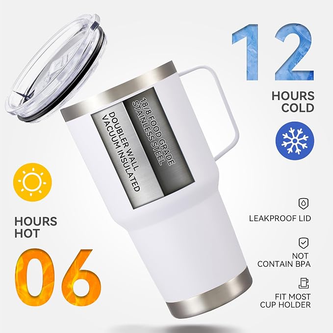 30 oz Tumbler with Handle and Lid, Stainless Steel Tumblers Bulk Double Wall Vacuum Insulated Travel Mug Leak Proof Cup Keep Drinks Cold and Hot White, 4 Pack