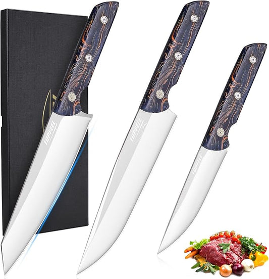 Topfeel Professional Chef Knives Set 3 pcs Sharp Knife -8" Chefs Knifes& 8" Kiritsuke Knife& 5" Utility Knife, German Stainless Steel Chef Knives Set for Kitchen Home Gift