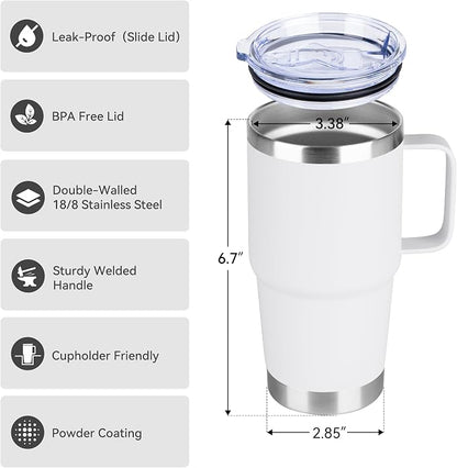 20oz Tumbler Bulk with Lid, Stainless Steel Tumbler Bulk with Handle, Metal Insulated Travel Coffee Mug Set with Handle, Double Wall Vacuum Leak Proof Tumbler Cup, White 12 Pack