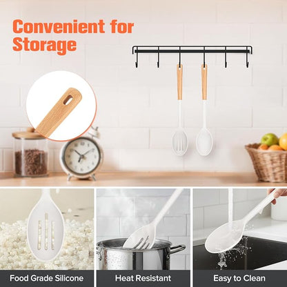 Large Silicone Slotted Spoon&Spoon with Wooden Handle for Nonstick Cookware,Kitchen Cooking Spoons for Mixing, Serving& Stirring,Heat-Resistant Utensils Spoon Set of 2,BPA Free (White)