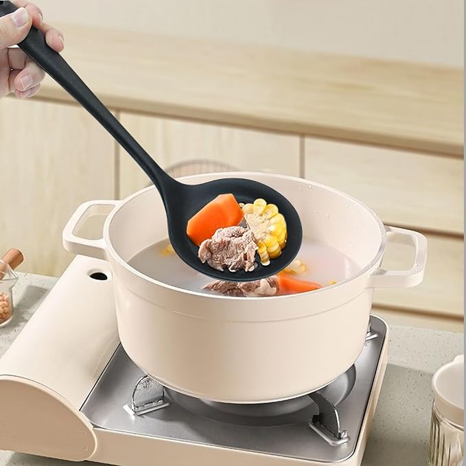 Hordion 1 Pcs Silicone Slotted Spoon, Black Strainer Spoon Non Stick Silicone Skimmer Heat Resistant Cooking Spoon
