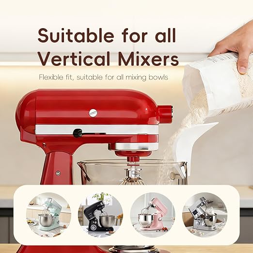 Flour Funnel for Kitchen Aid Mixer | Food-Grade Silicone Pouring Shield for KitchenAid Mixer | Hands-Free Clip-On Accessory for Baking, Fits All Standmixers, Space-Saving Design（White）