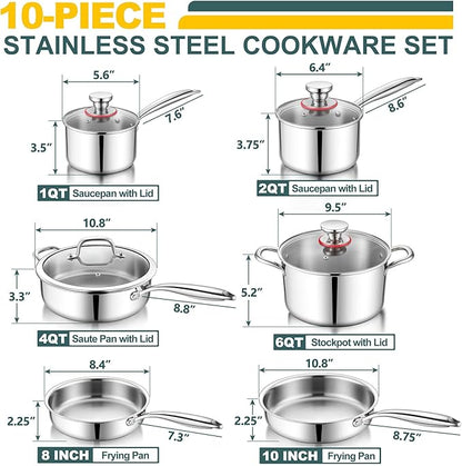 P&P CHEF 3-Ply Stainless Steel Cookware Set of 6, 10-Pieces Pots and Pans Sets Stainless Steel for Kitchen, Induction Multi Cooktops & Oven, Dishwasher Safe, Frying Pans, Saucepans, Saute Pan & Pot