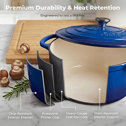 Zulay Kitchen 6.4QT Enameled Cast Iron Dutch Oven Pot with Lid, Heavy-Duty Soup Pot for Stews, Braising, Roasting & Sourdough Bread Baking, Oven Safe up to 500°F - Blue