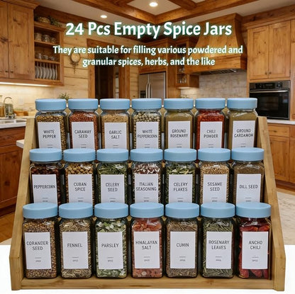 Spice Jars with Labels - 24 Glass Spice with Shaker Lids & Airtight Plastic Caps - 4oz Complete Seasoning Containers Organizer Set for Cabinet, Drawer & Rack (Skyblue)
