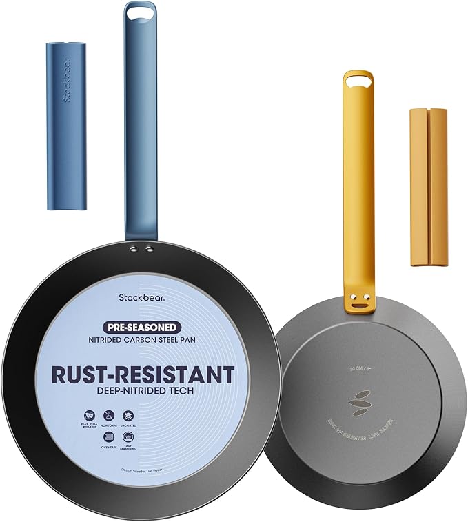 Carbon Steel Frying Pan Set 8 & 10 Inch, Nitrided Carbon Steel Skillet Duo, Preseasoned Rust Resistant Cookware, Induction & Oven Safe Kitchen Cooking Pans