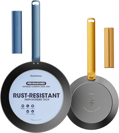 Carbon Steel Frying Pan Set 8 & 10 Inch, Nitrided Carbon Steel Skillet Duo, Preseasoned Rust Resistant Cookware, Induction & Oven Safe Kitchen Cooking Pans