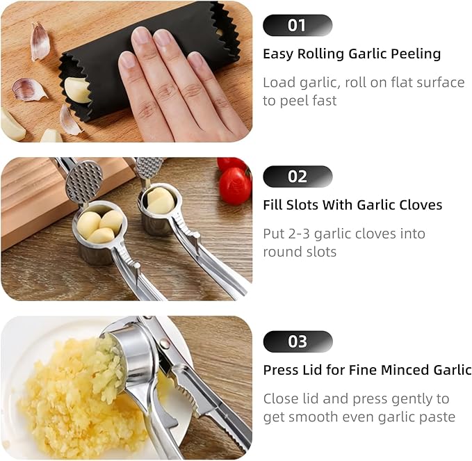 Multi-Purpose Garlic Press Nut Cracker Kitchen Tool, Large Caliber Thickened Zinc Alloy Mincer Squeezer, Precise Holes for Fine Paste, Dishwasher Safe with Peeler & Cleaning Brush (Silver - 3set)